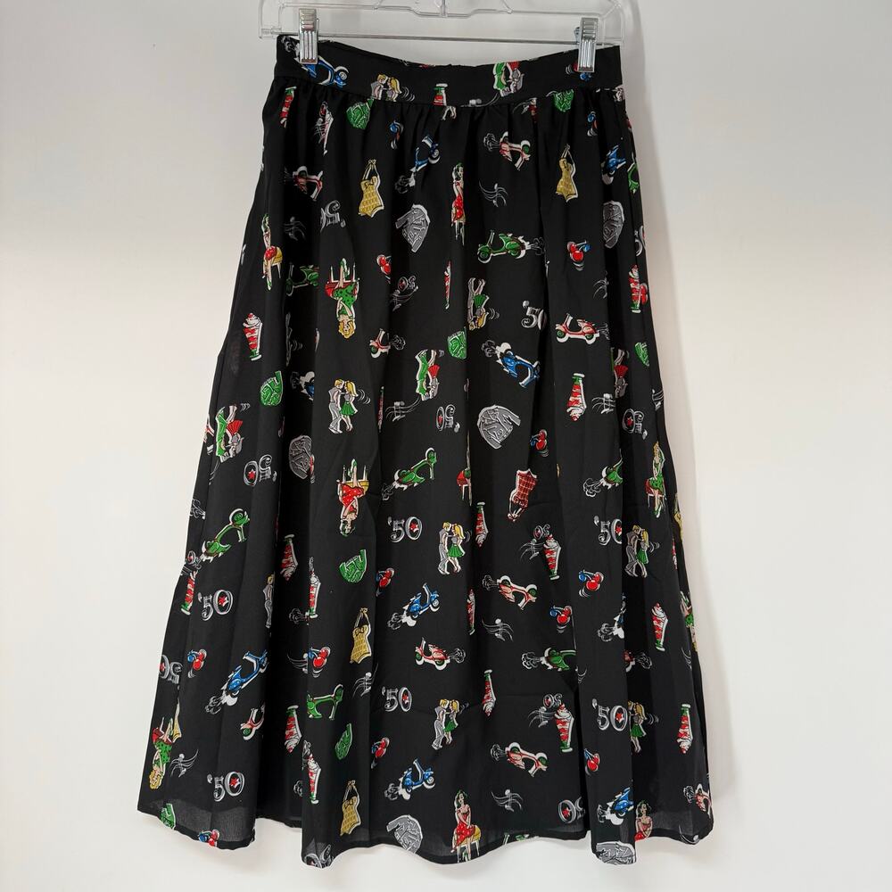 Moon All Over Printed A-Line Midi Skirt Women Medium Black Pleated High Rise 50s
